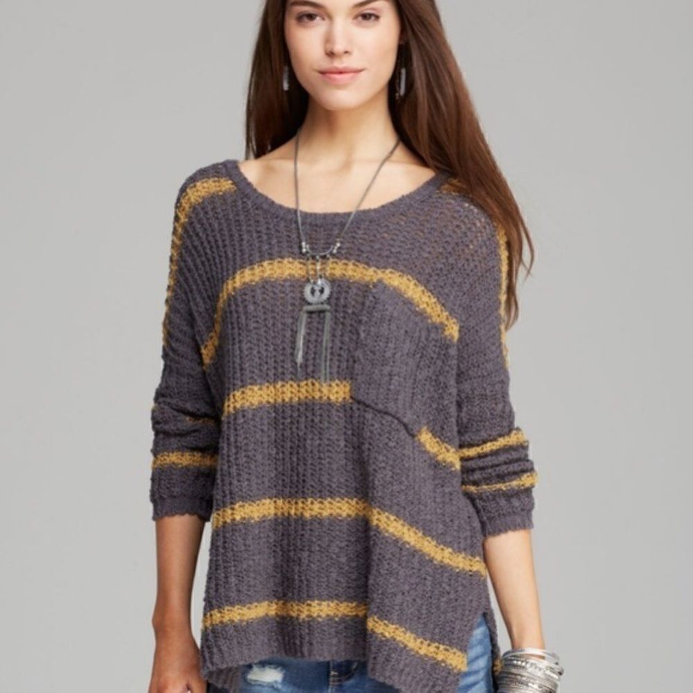 Free People Greenwhich Village Striped Oversized Cotton Knit Sweater Size XS
